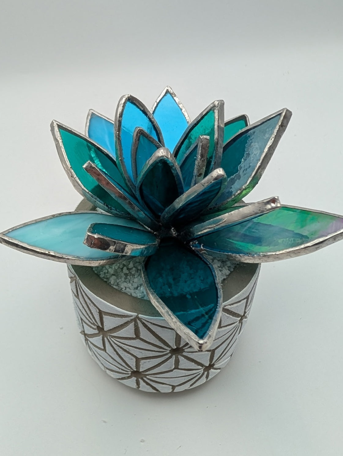 Teal Lotus in White Pot