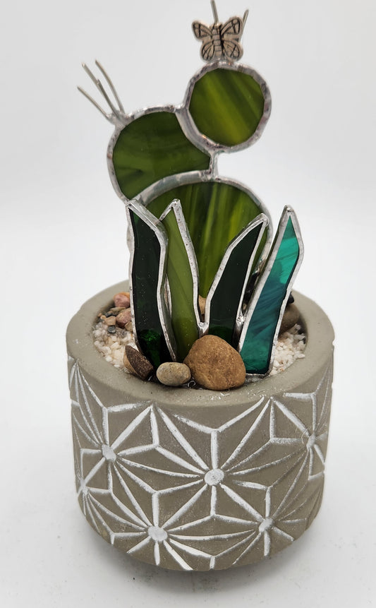 Lopsided Stacked Cactus in Grey Pot
