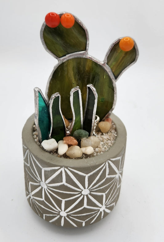 "Stacked" Flower Cactus in Grey Pot