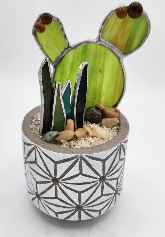 "Stacked" Flower Cactus in White Pot