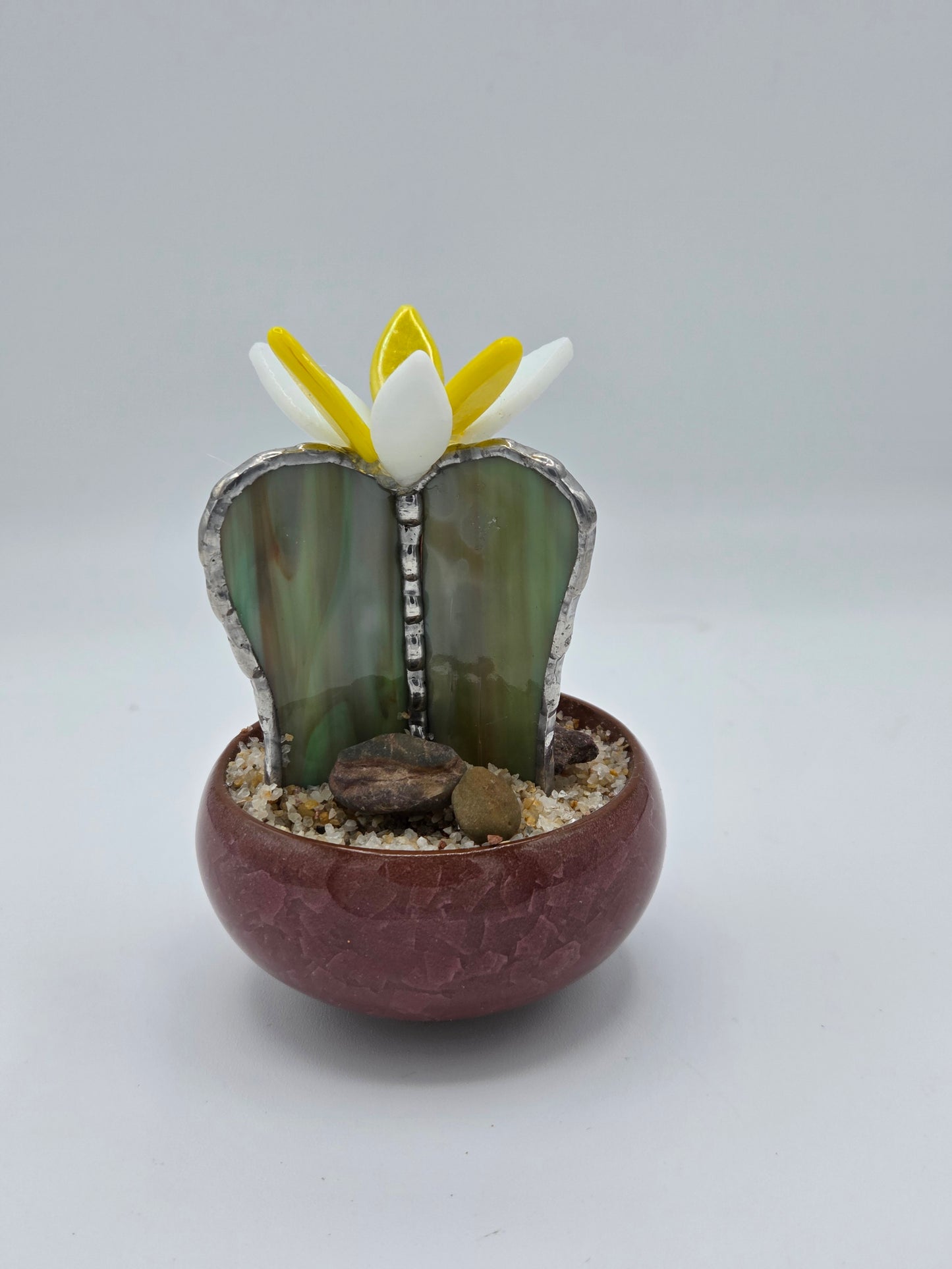 Cactus with Yellow Flower in Mauve Pot